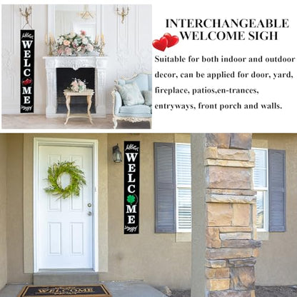 Consevisen Welcome Sign for Front Door Porch Standing, Interchangeable 47 x 7.9 Inch Outdoor Vertical Wooden Welcome Sign with 12 Seasonal Icons for Spring Fall Christmas Easter Farmhouse Home Decor