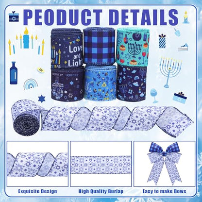 12 Rolls 60 Yard Hanukkah Wired Ribbon for Wreath Craft Bow - style: Hanukkah