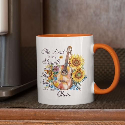 Religious Cup, Sunflowers And Guitar Design Mug, Personalized Name Christian Coffee Cup, Custom Bible Verse Mug 11oz 15oz, Customized Christian Themed Ceramic Cup, Gift For Friend Coworker - color: HOA-624-2165-MY STRENGTH AND SONG MUG