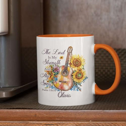 Religious Cup, Sunflowers And Guitar Design Mug, Personalized Name Christian Coffee Cup, Custom Bible Verse Mug 11oz 15oz, Customized Christian Themed Ceramic Cup, Gift For Friend Coworker - color: HOA-624-2165-MY STRENGTH AND SONG MUG