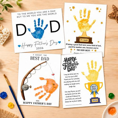 Pack 4 Fathers Day Crafts for Kids, Best Dad Ever Hands Down Handprint Craft, Fathers Day Personalized Gifts from Kids, Cute DIY Father’s Day Handprint Cards, Meaningful Birthday Gift for Dad - color: Card Dad Handprint