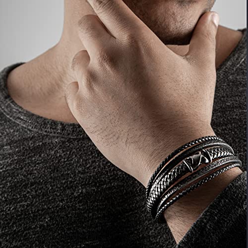 SERASAR Men's Leather Bracelet with Stainless Steel Magnetic Clasp - color: Black, size: 20cm, style: Flake