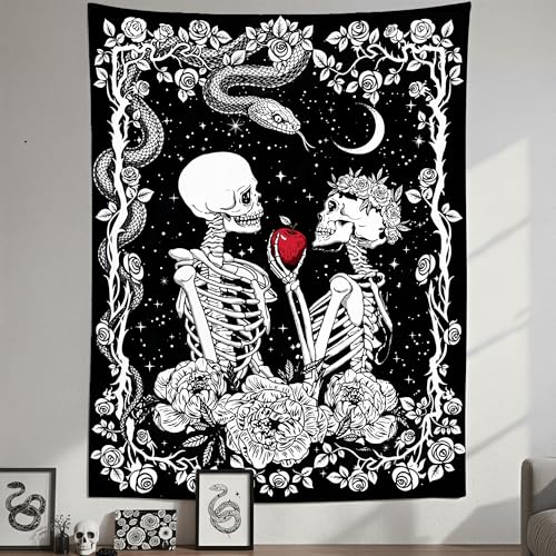 Accnicc Skeleton Lovers Tapestry Gothic Skull Vertical Tapestries Wall Hanging Black and White Floral Plant Snake Horror Large Tapestry for Bedroom Living Room Dorm 80 x 60 inch - color: Black, size: 80"L x 60"W