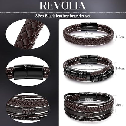 REVOLIA 3Pcs Black Leather Bracelets for Men Women Braided Leather Wristband Cuff Bracelets Multi-Layer Braided Leather Bracelets Set 7.5-9 Inches - color: Brown