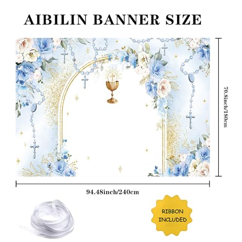 AIBIIN 8x6ft First Holy Communion Custom Backdrop for Boy Mi Primera Comunión Personalized Party Decorations Blue and Elegant Floral Party Banner Dove Bible God Bless Party Photo Prop - color: Blue Custom, size: 8x6ft