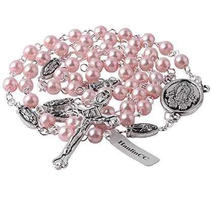 HanlinCC Guadalupe Catholic Rosary Glass Pearl Beads Necklace with Gift Box - color: Guadalupe Rosary Pink