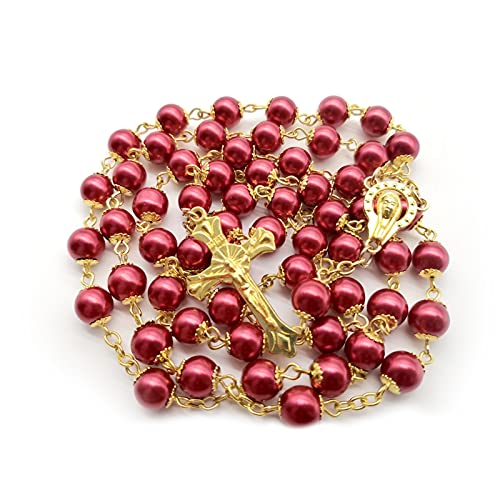 Rosary Beads Catholic for Women Girls, First Holy Communion Rosary Gifts for Girls Catholic, Gold White Rosary Necklace for Women Imitation Pearl Beads Necklace Rosarios Catolicos - color: Red