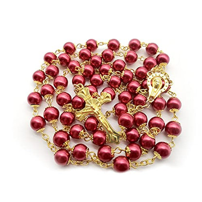 Rosary Beads Catholic for Women Girls, First Holy Communion Rosary Gifts for Girls Catholic, Gold White Rosary Necklace for Women Imitation Pearl Beads Necklace Rosarios Catolicos - color: Red