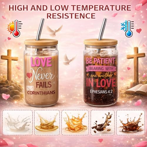 Fulmoon 6 Pcs Christian Drinking Glasses with Lids and Straws 16oz Jesus Religious Cup Christian Bible Decoration Glasses Set for Birthday Party Gift (Valentine) - style: Valentine