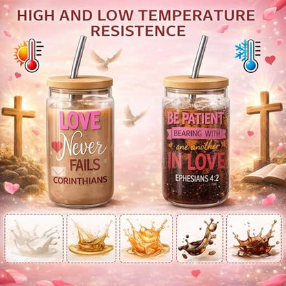 Fulmoon 6 Pcs Christian Drinking Glasses with Lids and Straws 16oz Jesus Religious Cup Christian Bible Decoration Glasses Set for Birthday Party Gift (Valentine) - style: Valentine