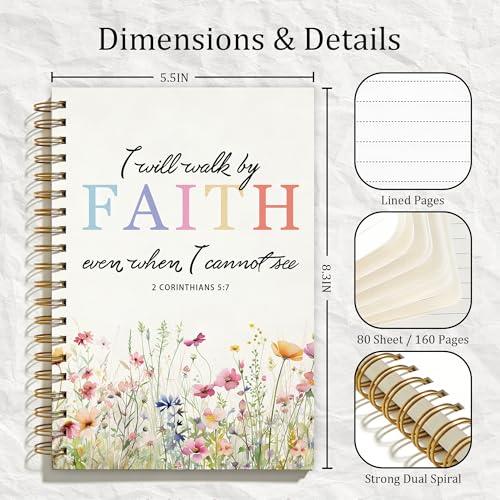 Boho Wildflower Christian Spiral Notebook, Inspirational Bible Notebooks for Note Taking, Christian Gifts for Women, I Will Walk by Faith Prayer Journal for Women, Coworker Gifts, 5.5x8.3 Inch - color: Colour-12