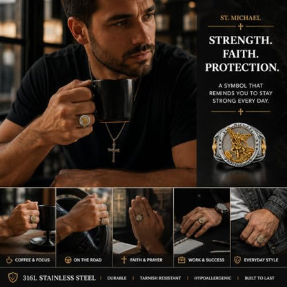 Mens St Michael Ring Stainless Steel Two Tone Archangel Saint Michael Protect Us Cross Signet Ring, Heavy Vintage Religious Biker Amulet Jewelry for Men Police Military
