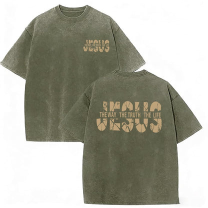 Eatbook Christian Shirts for Men Women Jesus Faith Oversized Acid Wash Tops - color: Armygreen, size: Medium