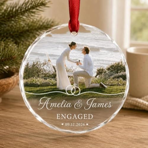 Personalized Engagement Photo Glass Ornament, Engaged Couples Photo Gift, Wedding Ornament, for Couple - color: Ds 06