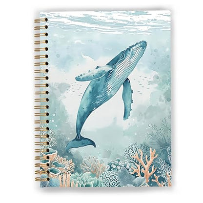 GDJIEGBC Teal Whale Ocean Beach Notebook, Coastal Beachy Journal for Women, Beach Themed Gifts, Marine Biology Gifts, Watercolor Whale Marine Life Spiral Notebook Journal 5.5x8.3 - color: Color 03