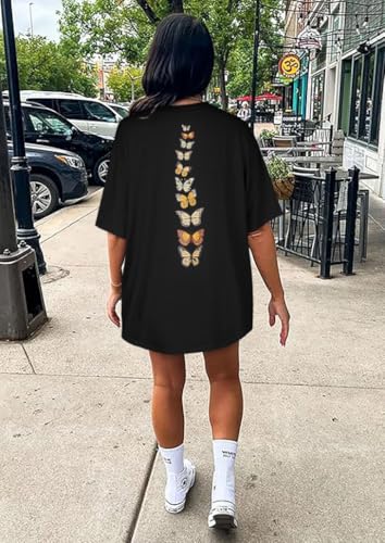 Womens Oversized Tshirt Graphic Tees Crew Neck Summer Short Sleeve Tops - color: A-butterfly Print Black, size: Small
