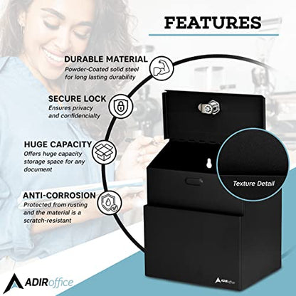 Adir Suggestion Box with Lock - Metal Donation Fundraising Ballot Prayer Box with 55 Free Suggestion Forms Cards & 2 Keys (Wall Mounted - Black) - color: C Black, size: Pack of 1