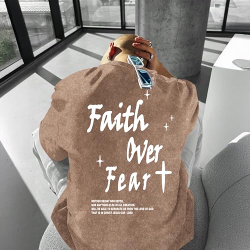 Christian Shirts for Men Faith Over Fear Acid Wash Tshirts Faith Religious Tees God Bible Verse Inspirational Tops - color: Coffee, size: Large