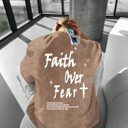 Christian Shirts for Men Faith Over Fear Acid Wash Tshirts Faith Religious Tees God Bible Verse Inspirational Tops - color: Coffee, size: Large