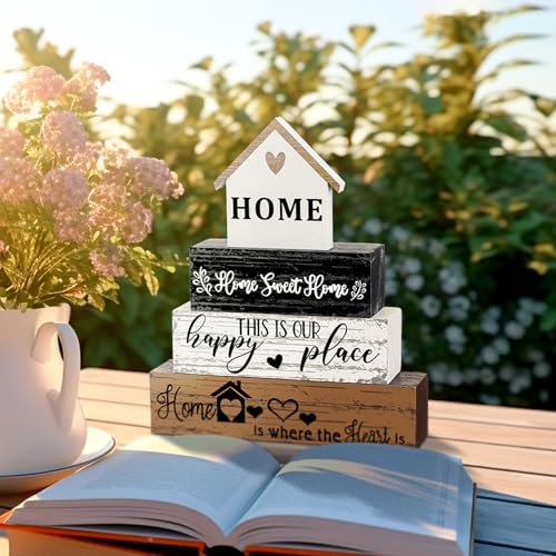 Geelin 4 Pcs Farmhouse Wood Table Decor Rustic Sweet Home Tiered Tray Decor - style: Home