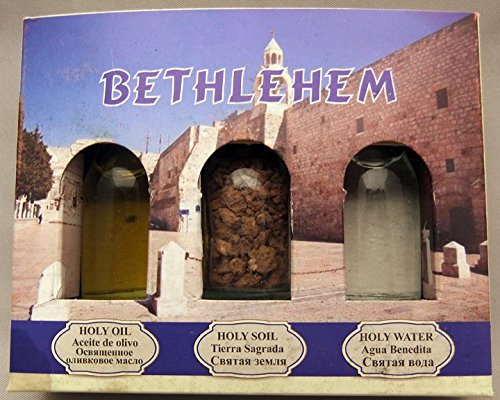 Holy Land souvenir 3 bottles set Bethlehem Holy Earth Holy Olive Oil and Holy Water from the Jordan River from The Nativity Church in Bethlehem
