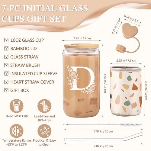 Personalized Gifts for Women, Monogrammed Gifts for Women, Initial 16 oz Glass Cups With Lids and Straws, Customized Mug, Personalized Birthday Gifts Christmas Gift for Her Mom Friend Woman, D - style: D