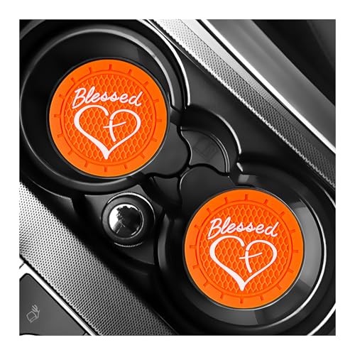 2 PCS Car Cup Holder Coaster, 2.76 Inch Non-Slip Auto Drink Mats with Blessed Cross and Heart, Shockproof Christian Cup Insert Coaster for Most Vehicles, Car Accessories (Orange) - color: Orange