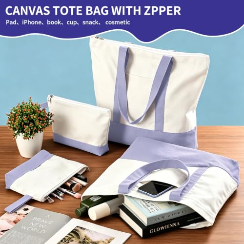 2-Pack Canvas Tote Bags and Makeup Bags, Cotton Zipper Bag, Purple - color: Purple/White