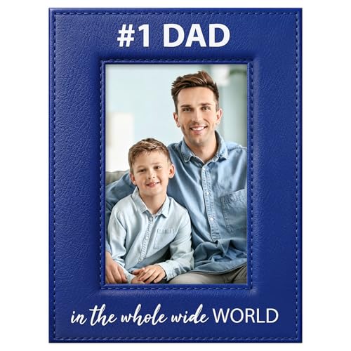 WaaHome Fathers Day Gift for Dad from Son Daughter - 4x6 Blue Leather Fathers Day Picture Frame, Number 1 Dad Gifts for Home Living Room Party Office Desk Decor - color: 3-Dad 4x6