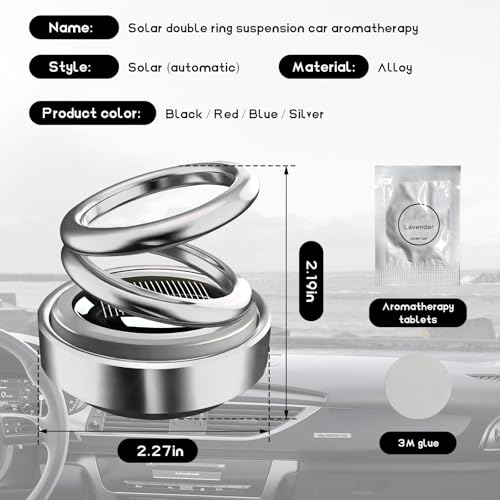DXNQ Solar Rotating Car Air Freshener, Double Ring Solar Energy Car Dashboard Decoration Perfume Holder, Rotating Aromatherapy Diffuser Ornament for Car Home, Car Accessories (Silver)