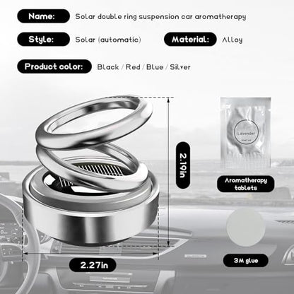 DXNQ Solar Rotating Car Air Freshener, Double Ring Solar Energy Car Dashboard Decoration Perfume Holder, Rotating Aromatherapy Diffuser Ornament for Car Home, Car Accessories (Silver)