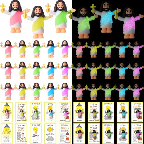 CroBlissful 30 Sets Mini Jesus Figurines Bulk Christian Glow in The Dark with Let Your Light Shine Cards for Christian Sunday School Religious Party Favor Halloween(Hold up the Cross) - style: Hold up the Cross