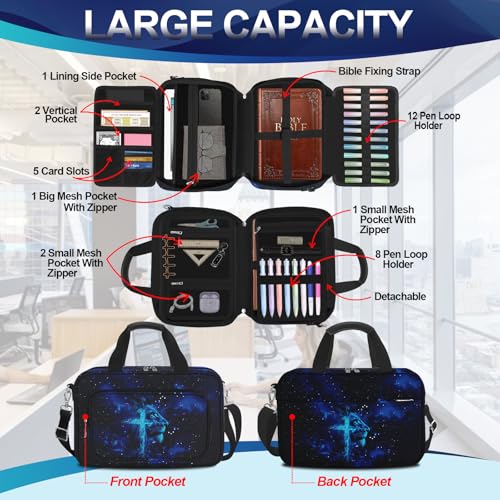 Lion Cross Large Bible Cover Case for Men, Bible Bag for Men Organizer with Strap & Handle Zipper Pocket, Bible Study Supplies Journaling Kit with Pens Highlighters Tabs Christian Gift - color: Lion Cross