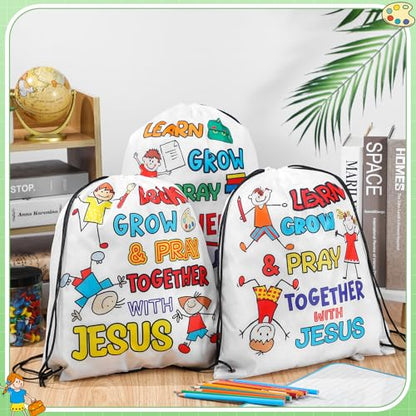 Kacctyen 24 Pcs Religious Drawstring Backpack Christian Learn Grow Pray Together with Jesus Drawstring Bags Verse Bible Easter Gift Bags for Vbs Sunday School Church Graduation Christmas Party Favors