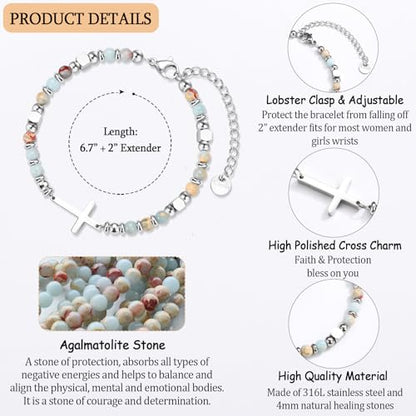 Christian Cross Bracelet for Women Girls, Adjustable Stainless Steel Beaded Cross Bracelets, First Communion Confirmation Easter Religious Bapstim Natural Gemstone Jesus Bracelet Gifts for Her - style: Joshua1.9