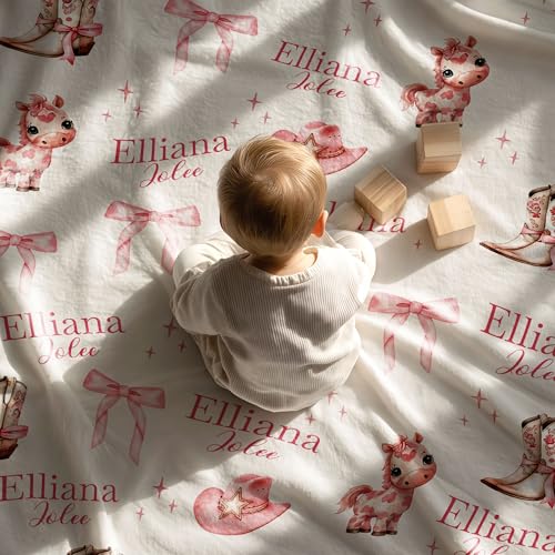 Personalized Personalized Western Pink Boots & Bows Baby Blanket, Cowboy Hat Boots Rope Pattern Design, Custom Name Toddler Kids Throw, Ranch Nursery Decor, Baby Gift Idea - color: Western Pink Boots & Bows Baby Blanket