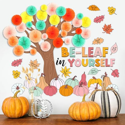 Gersoniel 81 Pcs Fall Tree Bulletin Board Decorations Be Leaf in Yourself Classroom Tree Bulletin Board Motivational Boho Pumpkin Cutouts 3D Paper Fans Crafts Thanksgiving Fall Harvest Wall Decor - style: Pastel