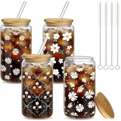 Mumufy 4 Pack Daisy Fresh Glass Cup, 16 oz Tumbler Mug with Bamboo Lid - style: Daisy Fresh