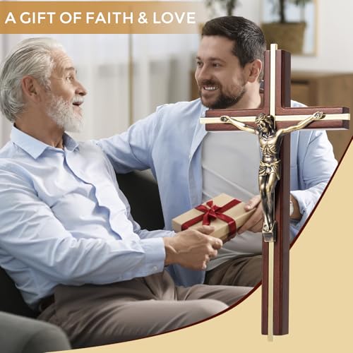 ACHIBANG Crucifix Wall Cross, 10 Inch Wooden Catholic Jesus Home Decor - color: Brown + Antique Brass