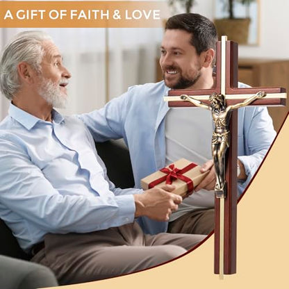 ACHIBANG Crucifix Wall Cross, 10 Inch Wooden Catholic Jesus Home Decor - color: Brown + Antique Brass