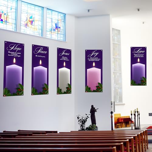 5Pcs 2x5 Ft Religious Church Banner with Scripture Christian Candles Banners for Sanctuary Wall Hope Peace Joy Love Jesus Prayer Flag Welcome Religious Praise Hanging Signs Decor for Holiday Church - size: 2x5Ft