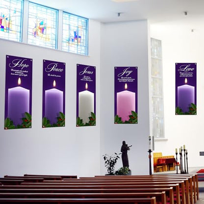 5Pcs 2x5 Ft Religious Church Banner with Scripture Christian Candles Banners for Sanctuary Wall Hope Peace Joy Love Jesus Prayer Flag Welcome Religious Praise Hanging Signs Decor for Holiday Church - size: 2x5Ft