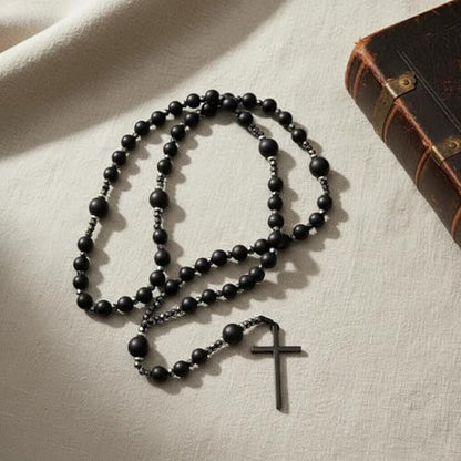 Nazareth Store Jasper Rosary Necklace – Catholic Handmade Rosary with Stone Beads, Hematite Spacers, and Black Alloy Cross – Durable Prayer Beads for Men and Women - color: Black onyx