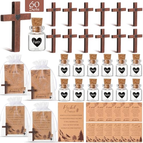 60 Set Pocket Hug Token Wooden Pocket Cross Faith Glass Bottles Prayer Card Organza Bags Wooden Cross Bulk Religious Christian Gifts for Friends Family Colleagues Church
