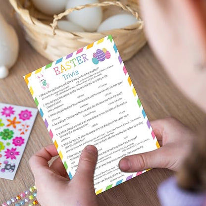 Easter Trivia Party Game, 25 Pcs Easter Bunny Quiz Cards for Group Party Activities Favors, Religious Game for Sunday School Family Party Activities Favors