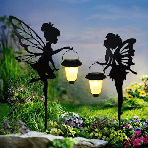 SUNNYPARK 2 Pack Solar Fairy Garden Metal Stake Decorative Lantern - size: Fairy2
