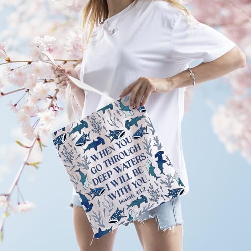 TSOTMO Whale Shark Gift When You Pass Through Deep Waters Inspirational Tote Bag Christian Ocean Beachy Gift for Women