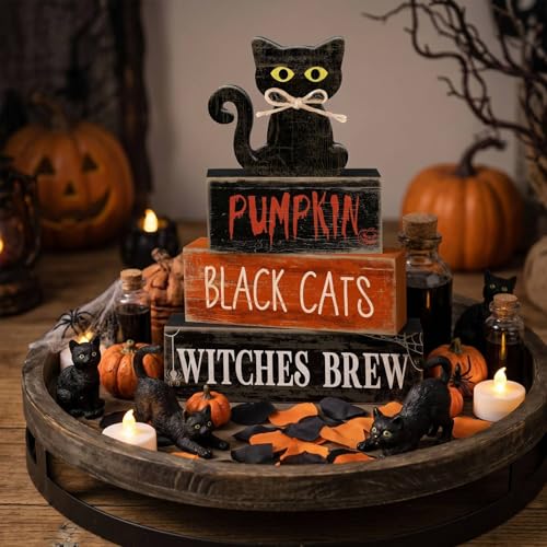 Lineshading 4 Pcs Halloween Table Decor for Home, Wooden Black Cat Sign Set - style: Black Cat