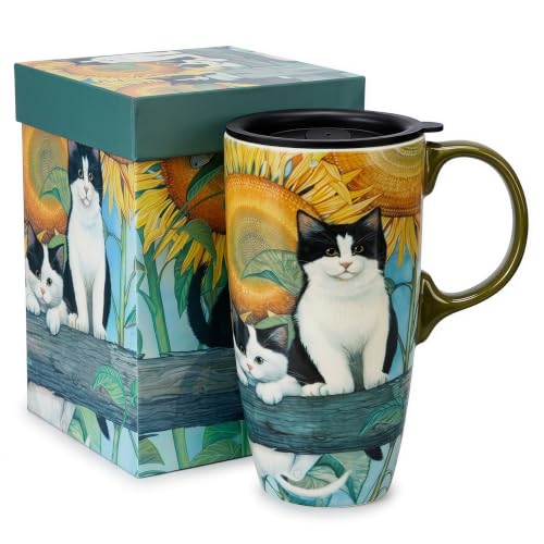 Topadorn 17oz Ceramic Travel Mug with Lid, Sunflower & Cat Coffee Mug - color: Sunflower Cats