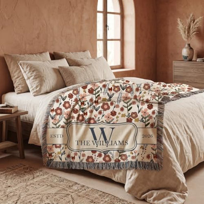 Chillever Personalized Monogram Woven Blanket with Last Name, Custom Floral Throw Blankets for Couch Bed, Cotton Anniversary Wedding Gift for Couple, New Home Housewarming Presents - color: A4